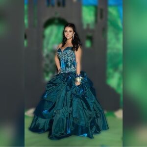 Mary’s Elegant Teal Corset Ball Gown with Floral Details